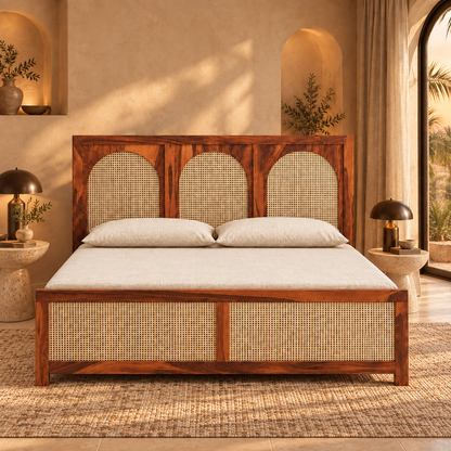Arched Cane Headboard Storage Bed in a bedroom, front view