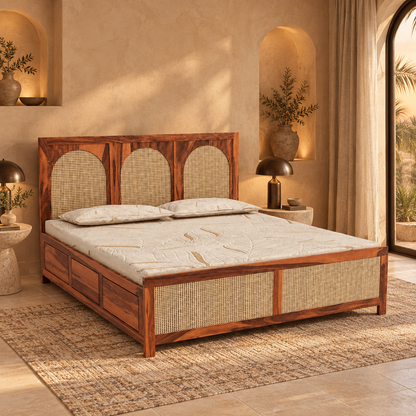 Arched Cane Headboard Storage Bed in a bedroom, side view