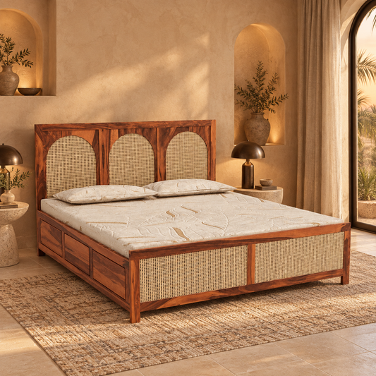 Arched Cane Headboard Storage Bed in a bedroom, side view