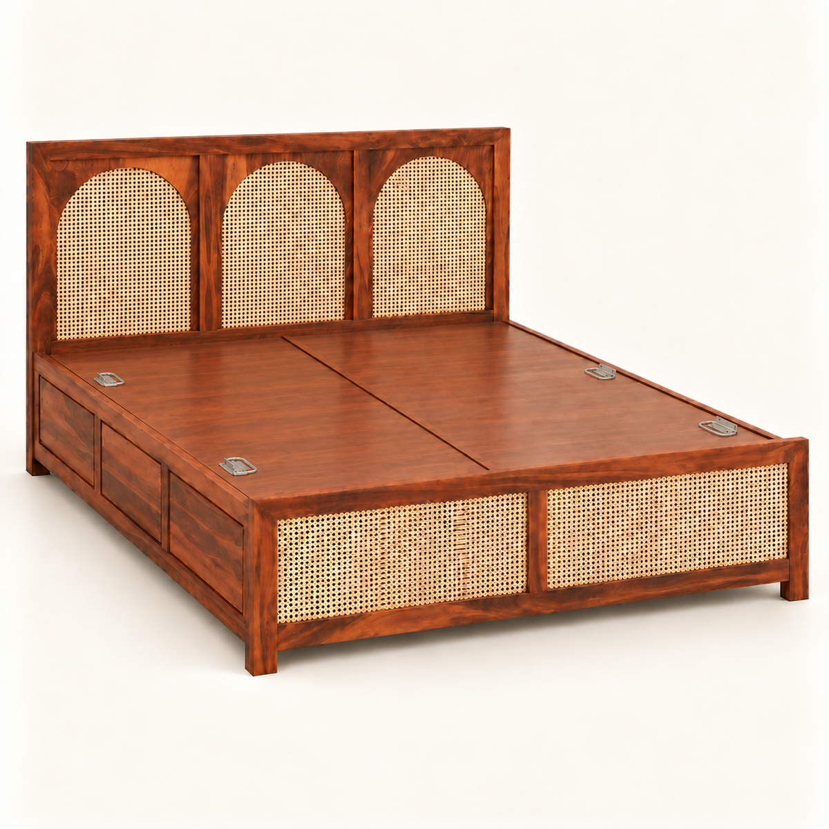 A wooden platform bed frame with a warm reddish-brown finish and natural woven cane panels, shown on a clean off-white background.