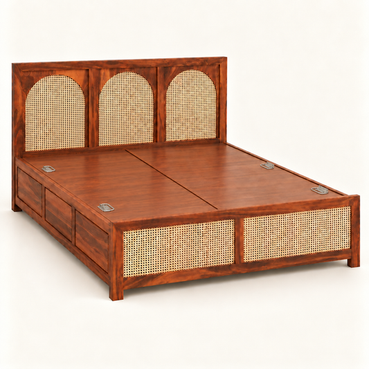 A wooden platform bed frame with a warm reddish-brown finish and natural woven cane panels, shown on a clean off-white background.