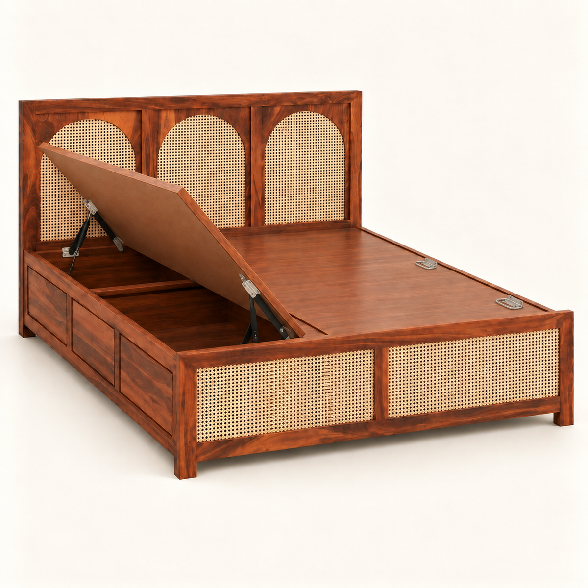 A mid-century modern wooden storage bed with a warm reddish-brown finish and woven cane panels, shown with the lift-up storage lid open on a clean white background.
