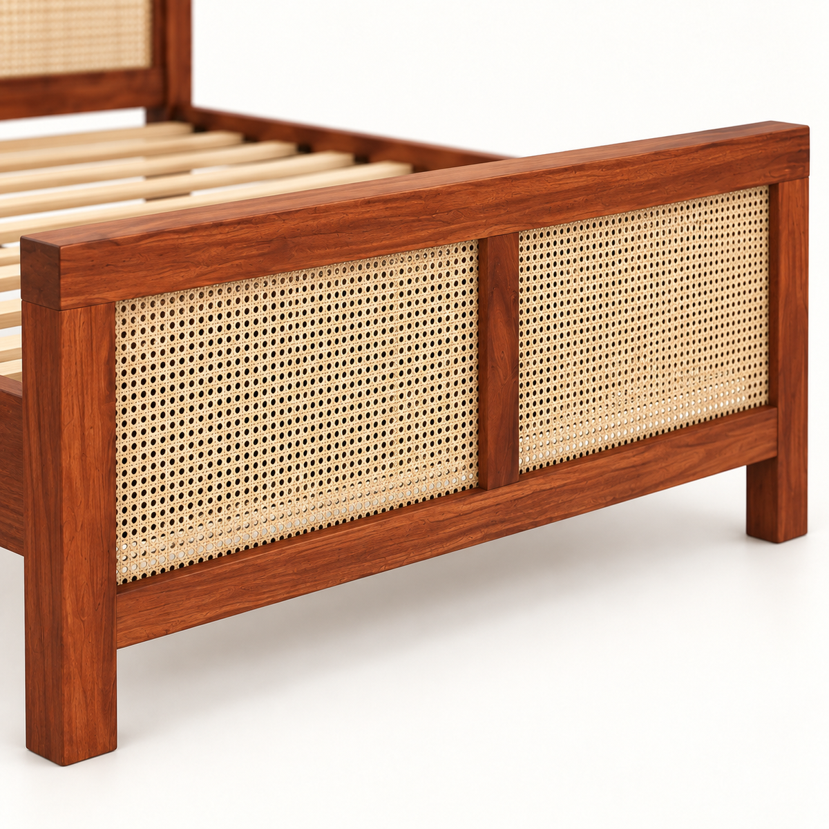 Arched Cane Panel Wooden Bed in teak wood — close-up of footboard