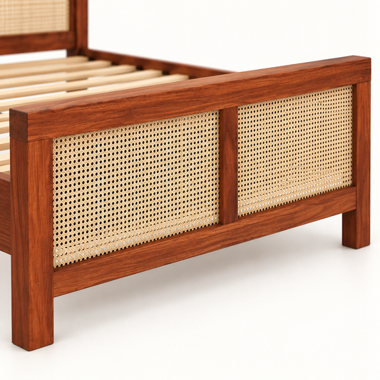 Arched Cane Panel Wooden Bed in teak wood — close-up of footboard