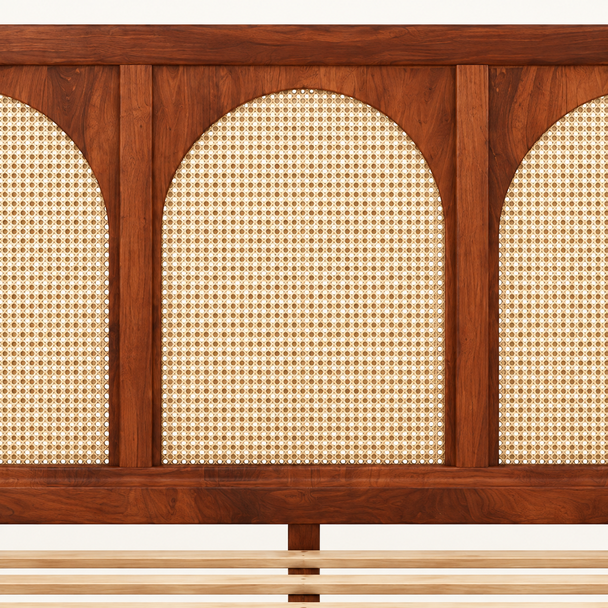 Arched Cane Panel Wooden Bed in teak wood — close-up of headboard