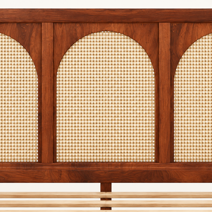 Arched Cane Panel Wooden Bed in teak wood — close-up of headboard