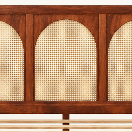 Arched Cane Panel Wooden Bed in teak wood — close-up of headboard