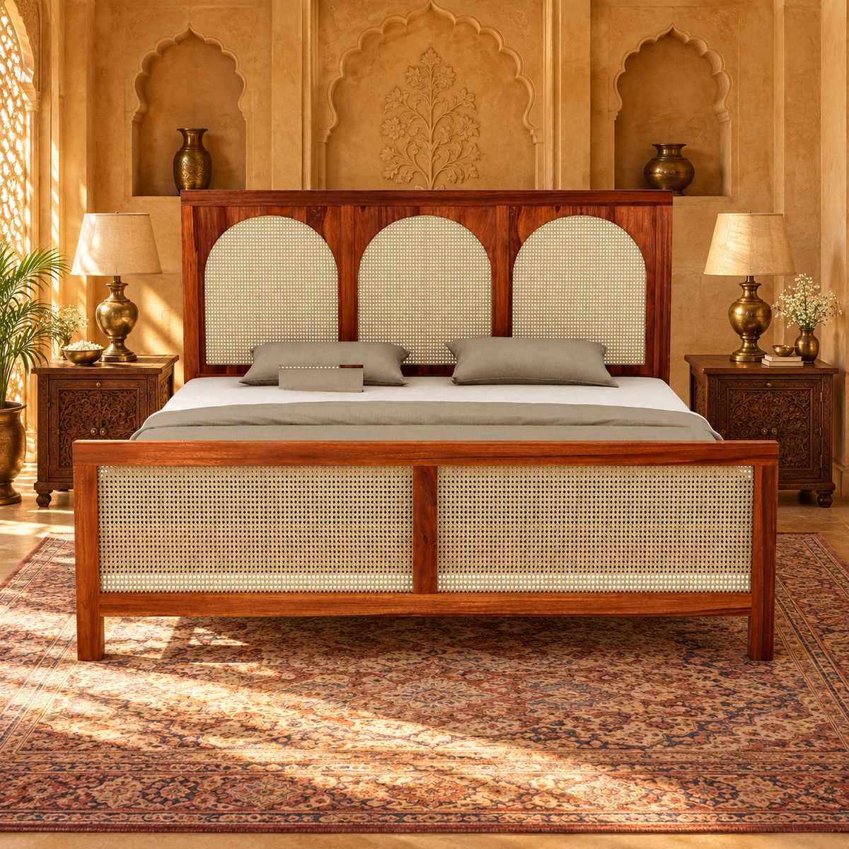 Arched Cane Panel Wooden Bed in teak wood — front view styled in bedroom