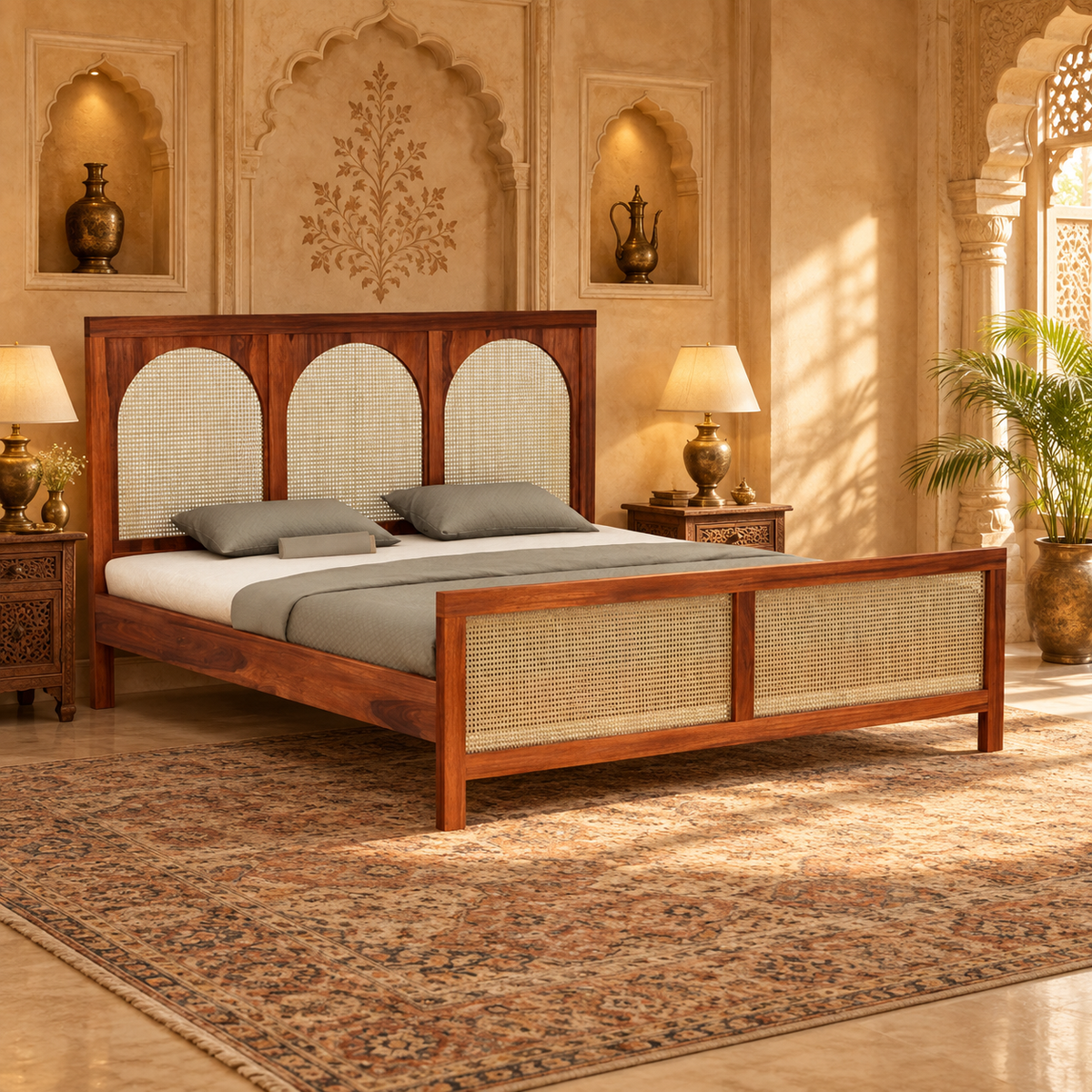 Arched Cane Panel Wooden Bed in teak wood — side view styled in bedroom