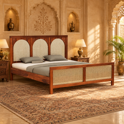 Arched Cane Panel Wooden Bed in teak wood — side view styled in bedroom