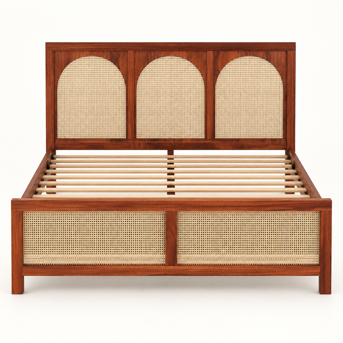 Arched Cane Panel Wooden Bed in teak wood — front studio view of bare frame