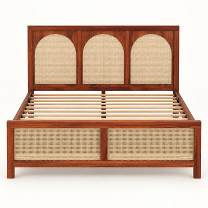 Arched Cane Panel Wooden Bed in teak wood — front studio view of bare frame