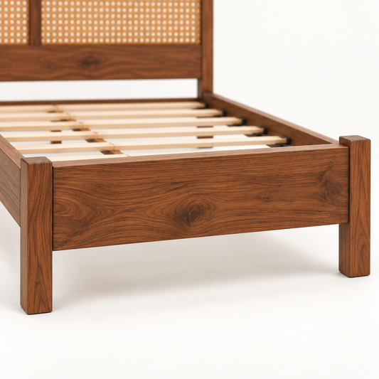 Arched Cane Wooden Bed in teak wood — close-up of footboard