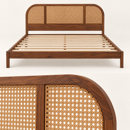 Arched Cane Wooden Bed in teak wood — close-up of headboard