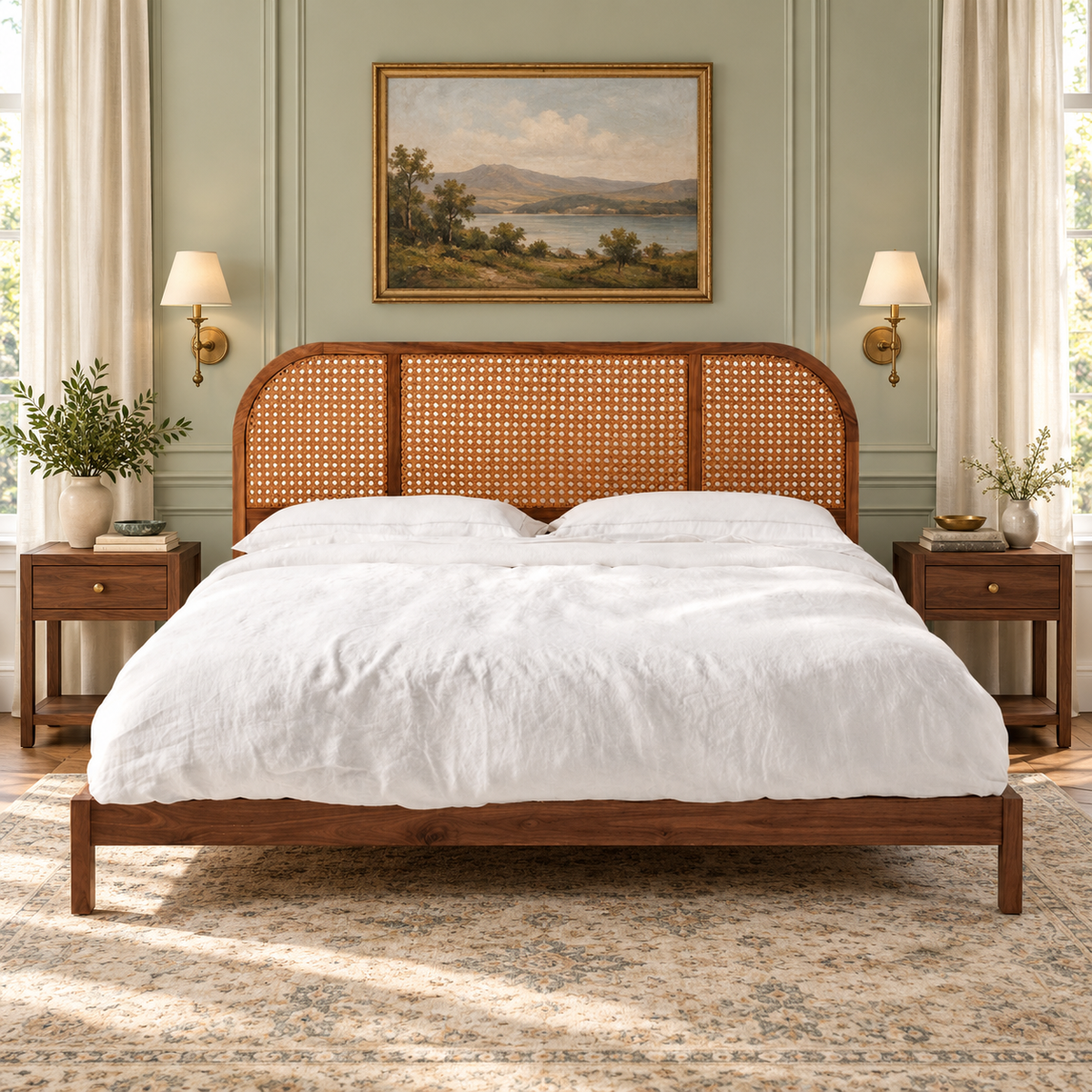 Arched Cane Wooden Bed in teak wood — front view styled in bedroom