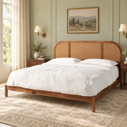 Arched Cane Wooden Bed in teak wood — side view styled in bedroom
