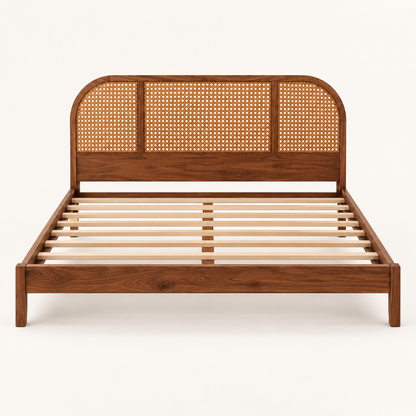 Arched Cane Wooden Bed in teak wood — front studio view of bare frame
