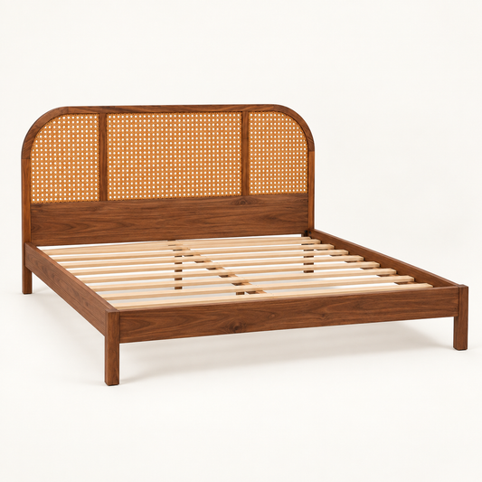 Arched Cane Wooden Bed in teak wood — side studio view of bare frame