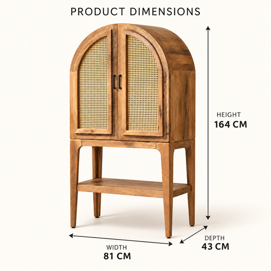 Dimensions of arched mango wood and cane bar cabinet