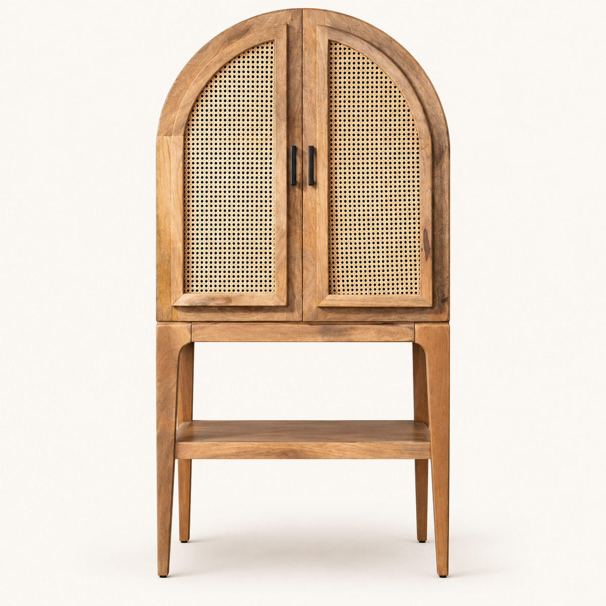 Front view of arched mango wood bar cabinet with cane doors