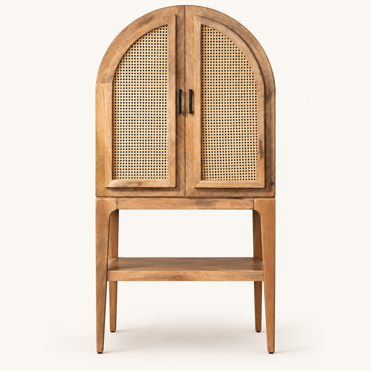 Front view of arched mango wood bar cabinet with cane doors