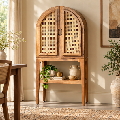 Arched mango wood and cane bar cabinet in an elegant dining room