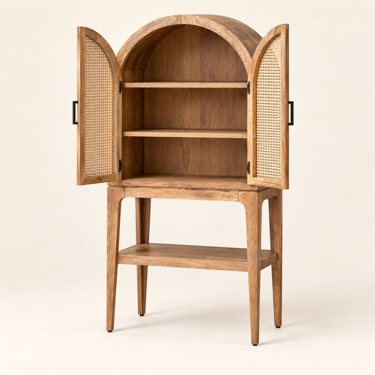 Arched cane bar cabinet with upper storage doors open