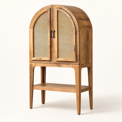 Side view of arched mango wood cane bar cabinet