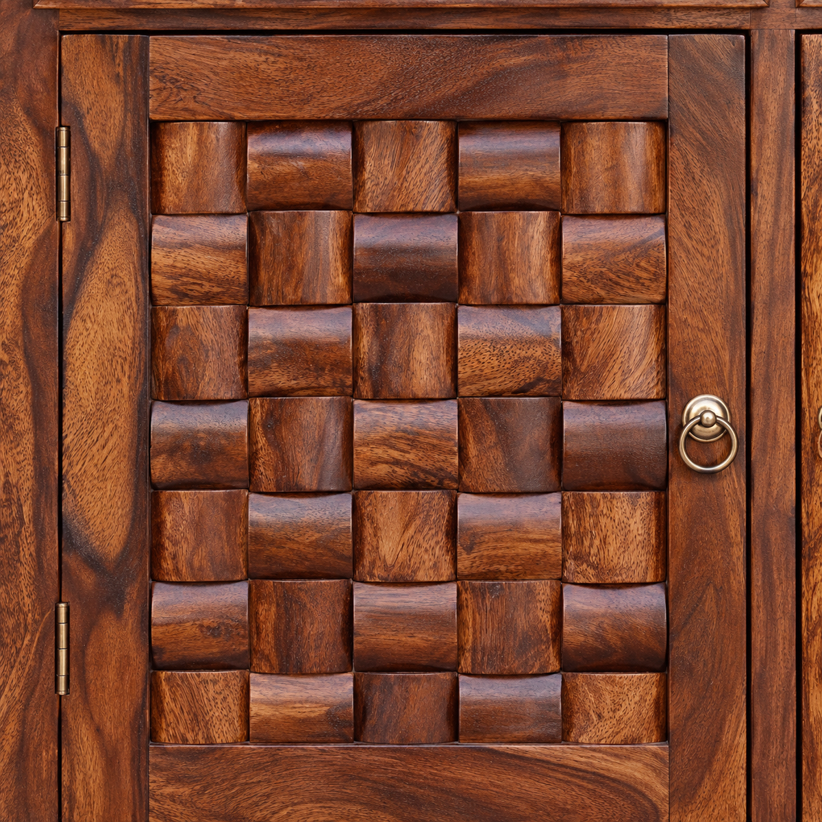 Basket Weave Wooden Sideboard with Three Drawers in walnut brown finish – material and detail close-up