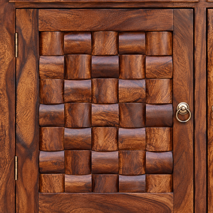 Basket Weave Wooden Sideboard with Three Drawers in walnut brown finish – material and detail close-up