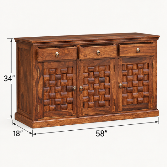 Basket Weave Wooden Sideboard with Three Drawers in walnut brown finish – dimensions 58 × 18 × 34 inches, width × depth × height