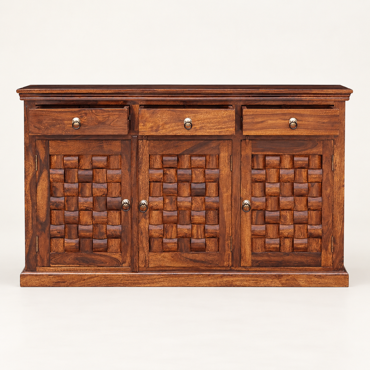 Basket Weave Wooden Sideboard with Three Drawers in walnut brown finish – front studio view