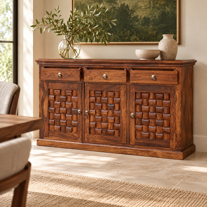 Basket Weave Wooden Sideboard with Three Drawers in walnut brown finish – lifestyle setting