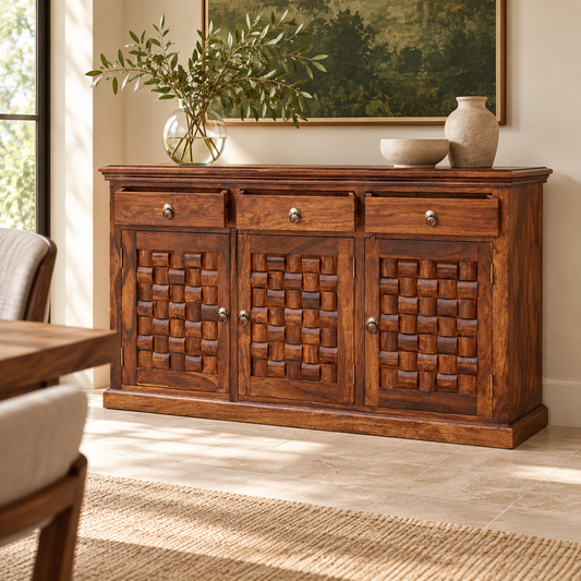 Basket Weave Wooden Sideboard with Three Drawers in walnut brown finish – lifestyle setting