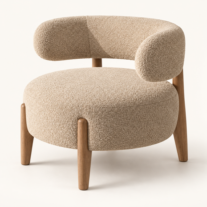 Beige Suede Curved Accent Chair with Teak Wood Legs - angled studio view