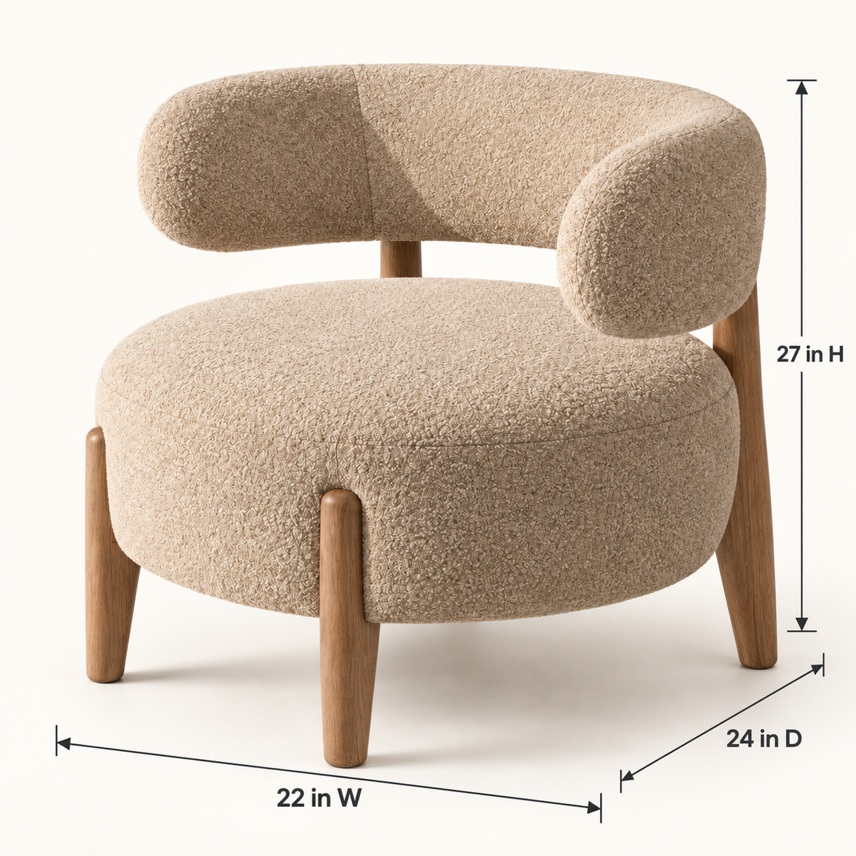 Beige Suede Curved Accent Chair with Teak Wood Legs - dimensions 22 W × 24 D × 27 H inches