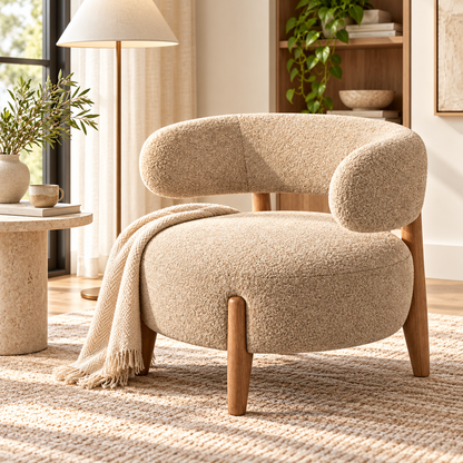 Beige Suede Curved Accent Chair with Teak Wood Legs - living room lifestyle view