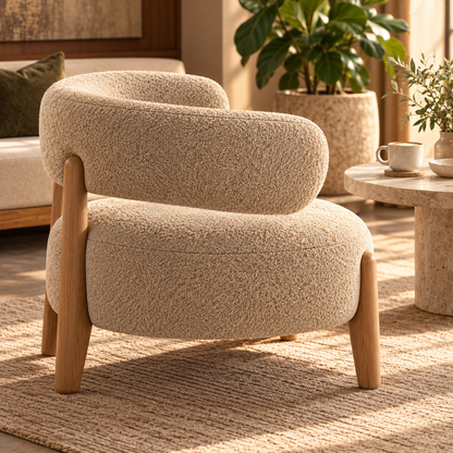 Beige Suede Curved Accent Chair with Teak Wood Legs - alternate lifestyle view
