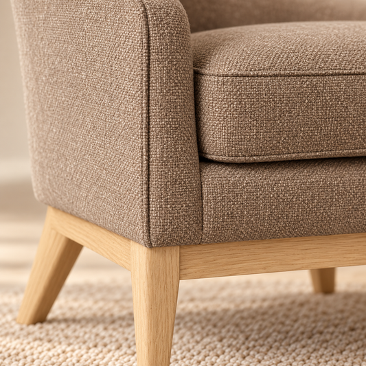 Beige cotton-blend fabric and Sheesham wood chair frame