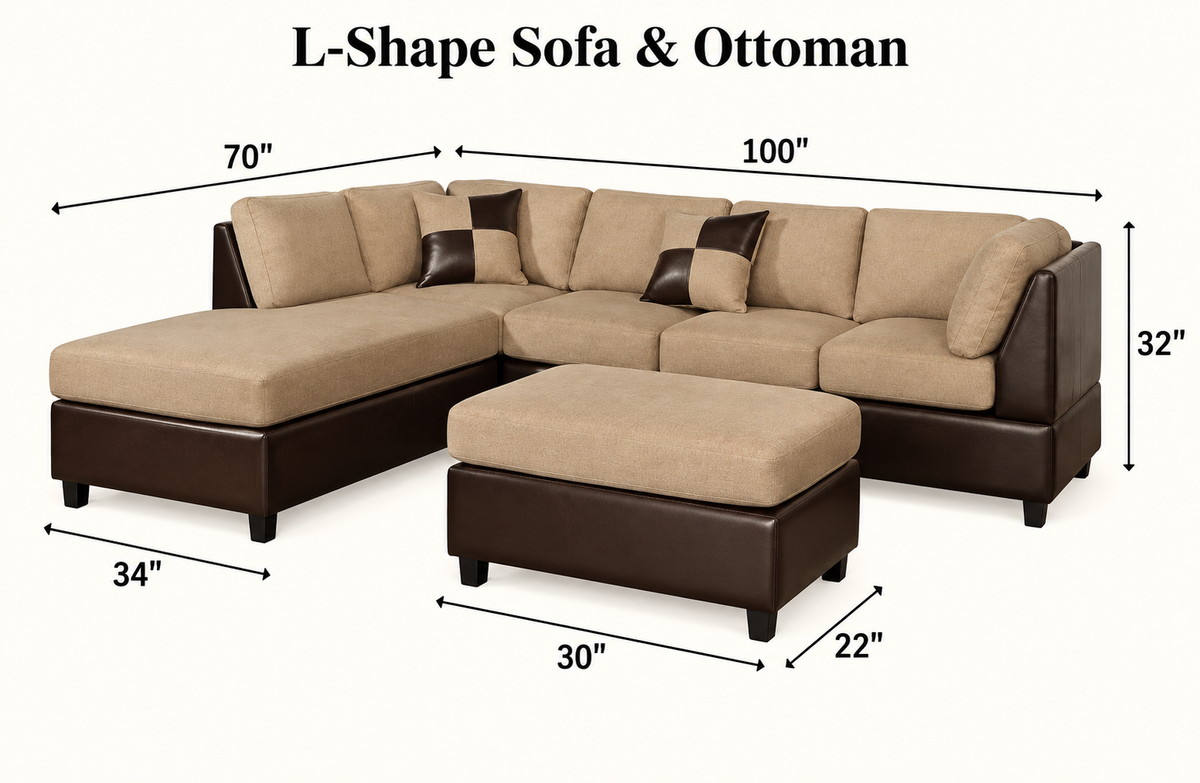 Beige Suede and Leatherette L-Shaped Sofa with Ottoman — dimension guide