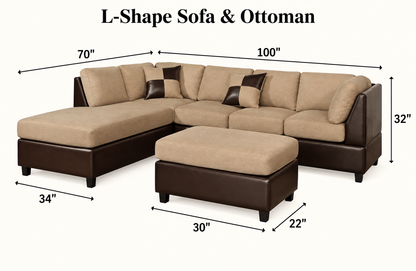 Beige Suede and Leatherette L-Shaped Sofa with Ottoman — dimension guide