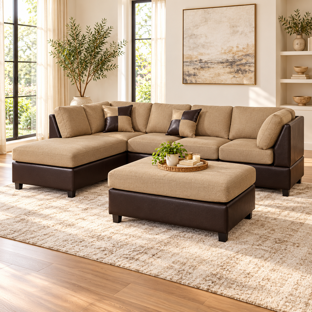 Beige Suede and Leatherette L-Shaped Sofa with Ottoman — lifestyle living room arrangement