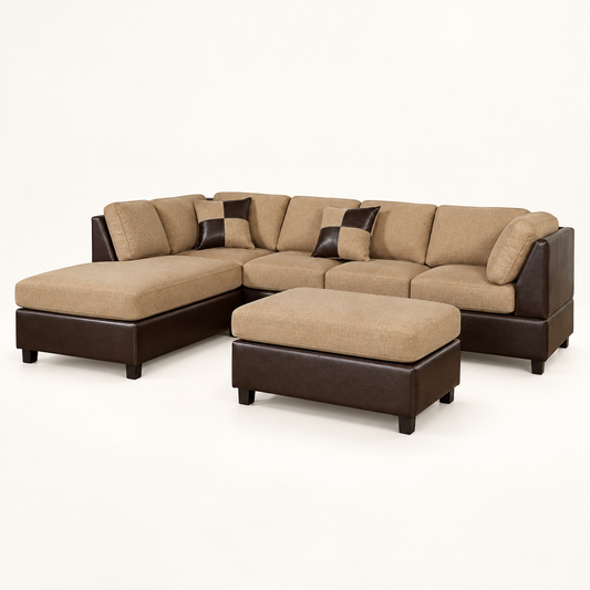 Beige Suede and Leatherette L-Shaped Sofa with Ottoman — side studio view
