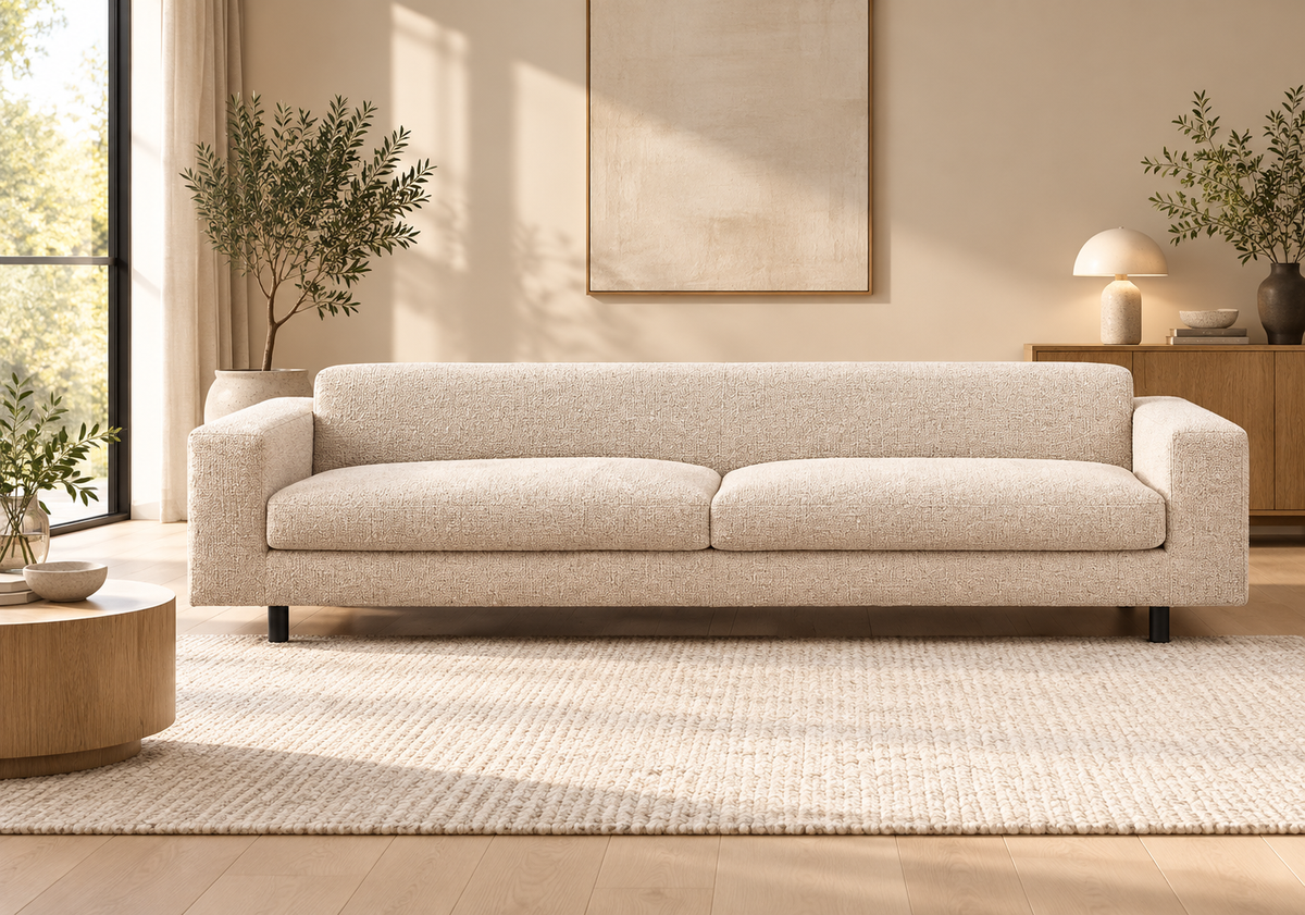 Beige Suede Four-Seater Sofa – styled room lifestyle view