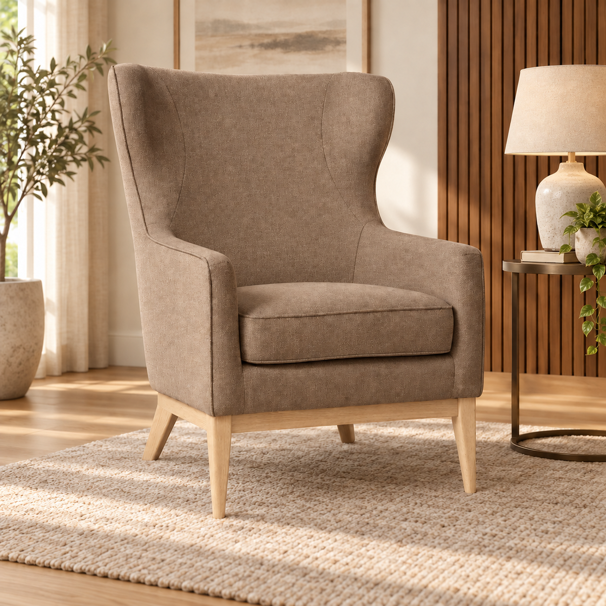 Beige wingback lounge chair for lifestyle living room