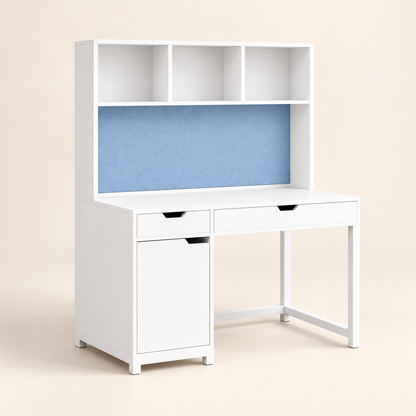Blue and white kids study table with bookshelf clean studio view