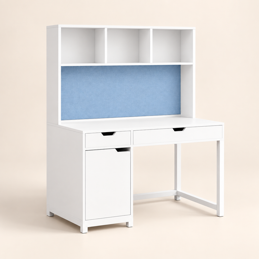 Blue and white kids study table with bookshelf clean studio view