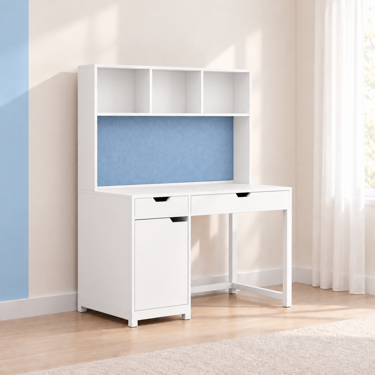 Kids study table with blue pinboard, bookshelf and white finish