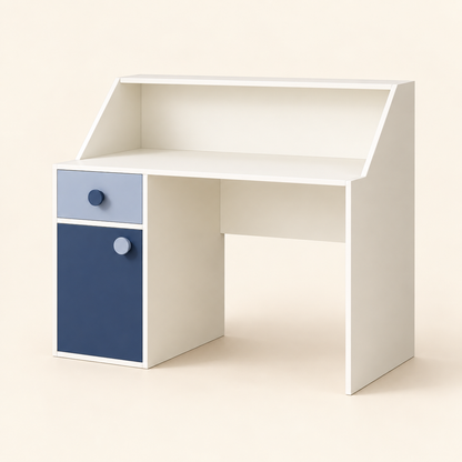 Blue and white kids study table clean studio front view