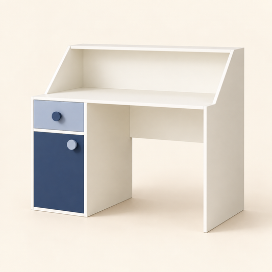 Blue and white kids study table clean studio front view